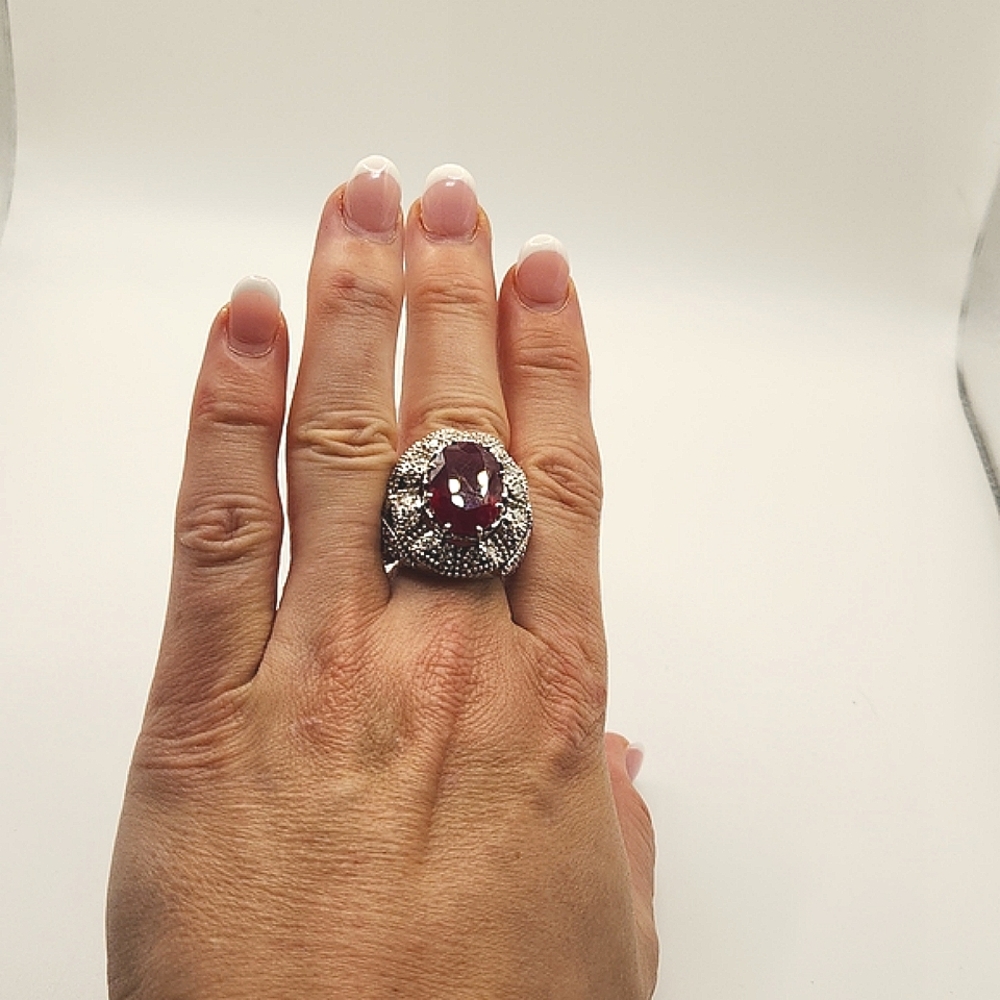 18ct Deep Red Natural Ruby, 2ctw Diamond 14k White Gold Cocktal Ring.